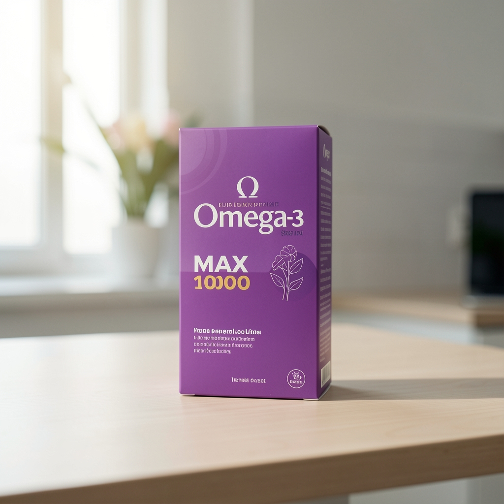Kurirski paket sa ljubičastom kutijom Omega-3 Max 1000 na čistom stolu za otpremu