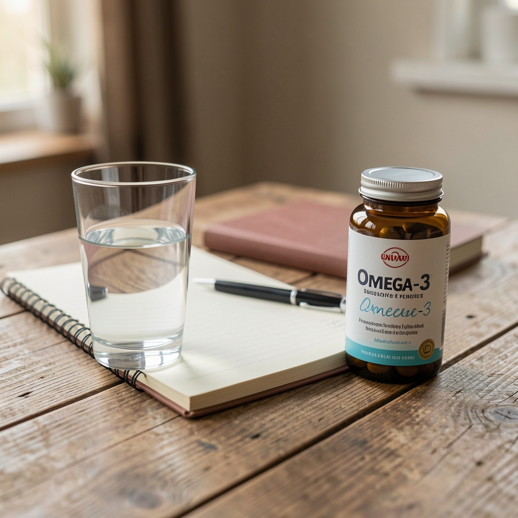 Mirna jutarnja scena sa čašom vode, dnevnikom i bočicom Omega-3 na drvenom stolu