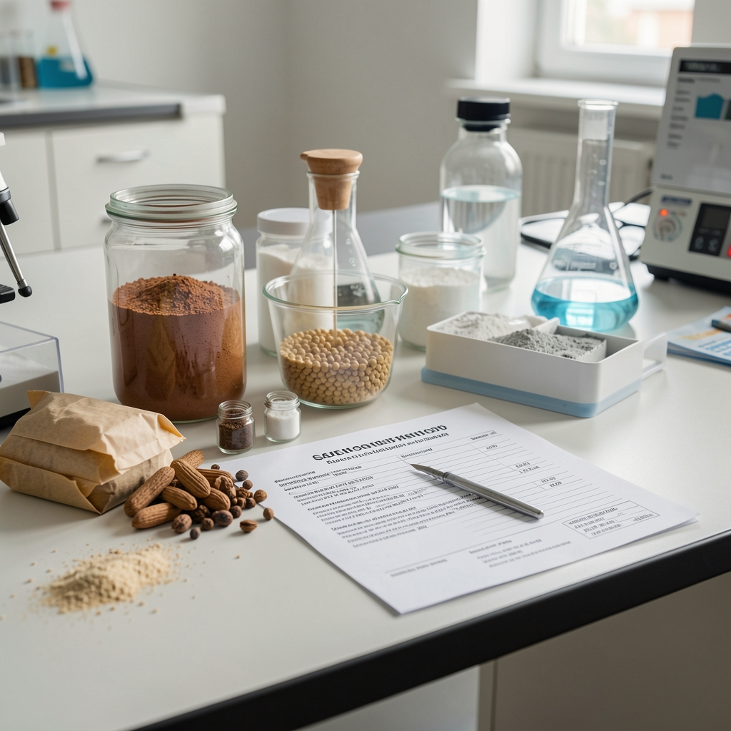 Detaljan prikaz sirovina i laboratorijski čistog radnog stola sa dokumentom o sastavu proizvoda