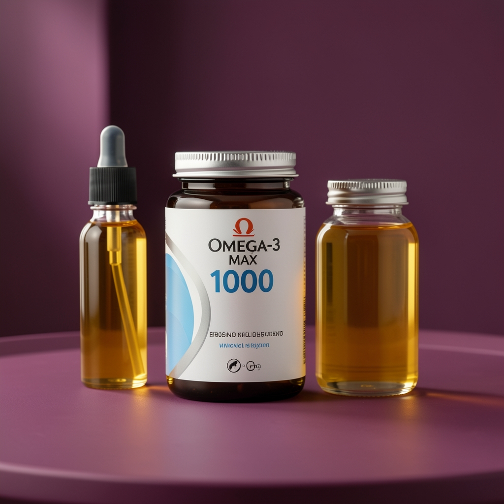 Elegantna bočica Omega-3 Max 1000 pored zlatnih ribljih ulja na tamnom ljubičastom stolu