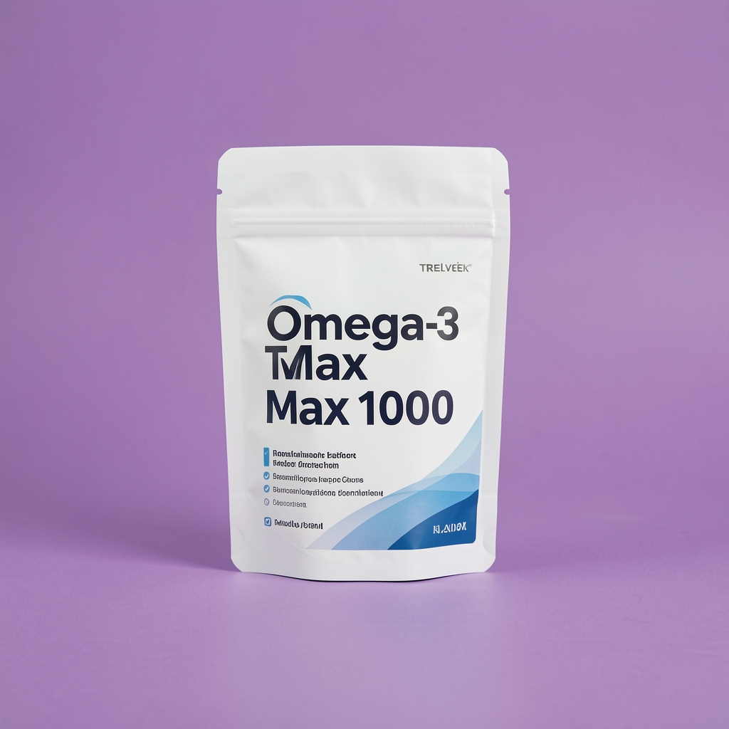 Minimalističko Trelvek pakovanje Omega-3 Max 1000 na ljubičastoj podlozi