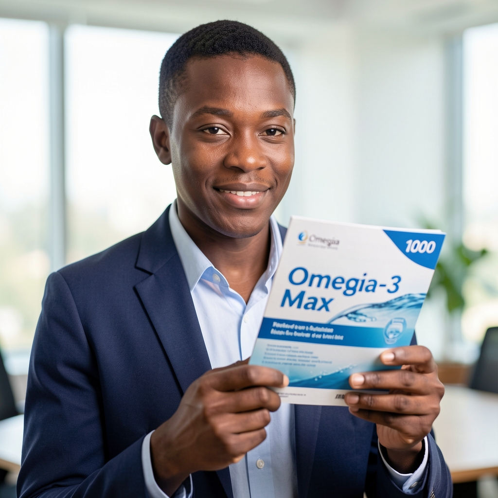 Mali tim u svetloj kancelariji pregledava deklaraciju proizvoda Omega-3 Max 1000